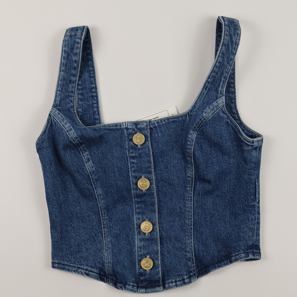 L'AGENCE Saga Button Front Tank Baja Blue Denim Corset Top 2 NWT MSRP $265